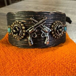 Western Style Black Bronze Copper Metal Cuff Bracelet w/ Turquoise & Rose Studs